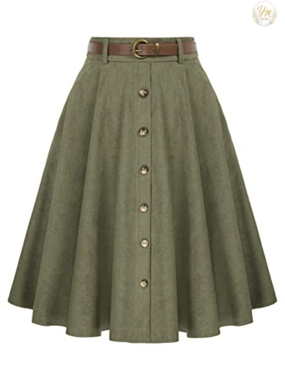 Corduroy A-Line Midi Skirt High Waist Stretch Pockets Belt